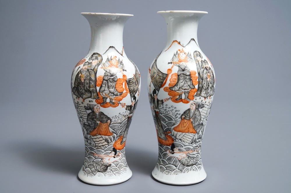 A pair of Chinese iron red, grisaille and gilt vases, Hongxian mark, 20th C.