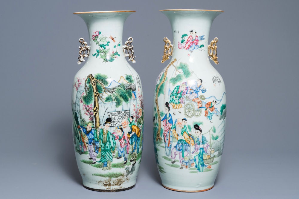 Two Chinese famille rose two-sided design vases, 19/20th C.