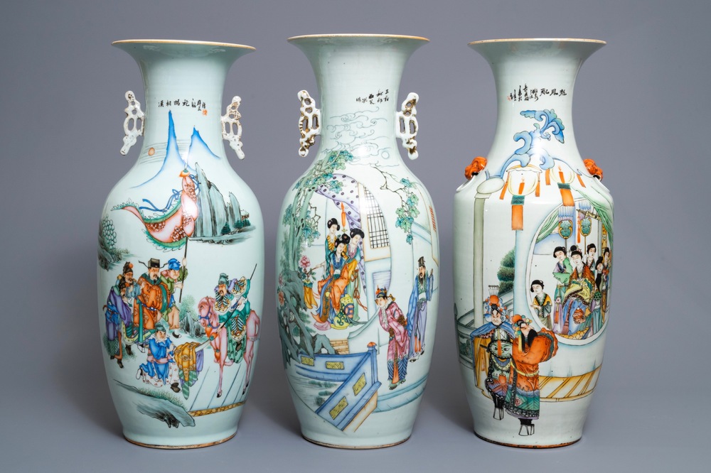 Trois vases en porcelaine de Chine famille rose, 19/20&egrave;me