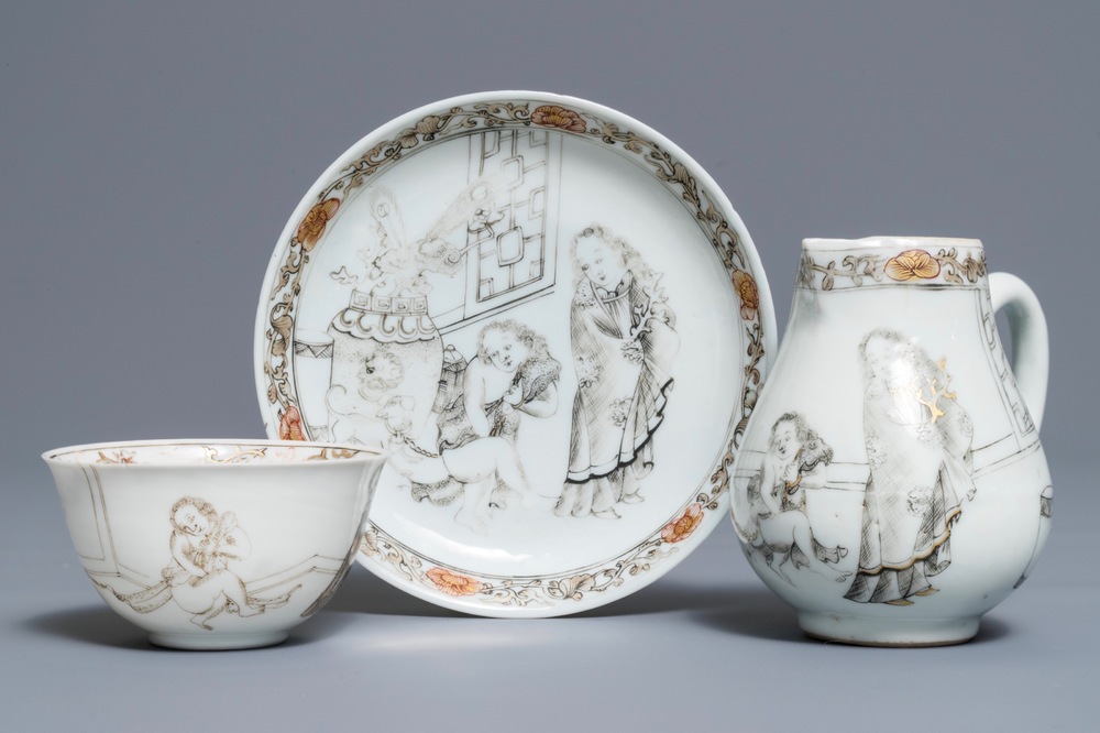 A Chinese grisaille and gilt cup and saucer with milk jug, Yongzheng