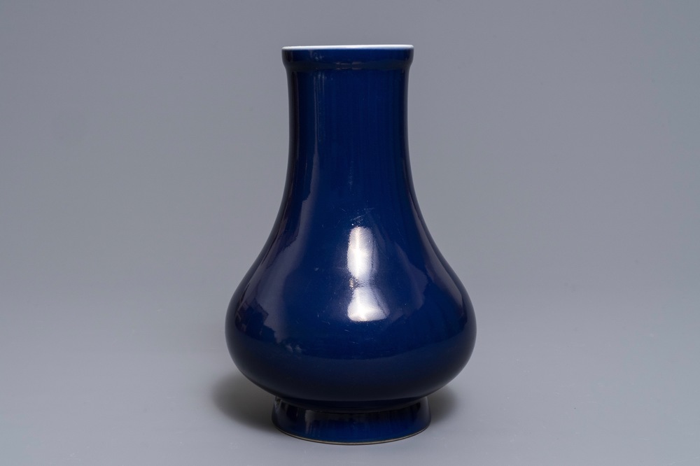 A Chinese monochrome 'sacrifical blue' pear-shaped vase, Yongzheng mark and of the period