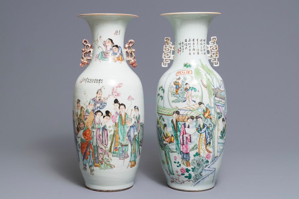 Two Chinese famille rose two-sided design vases, 19/20th C.