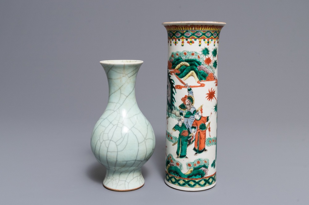 A Chinese celadon crackle-glazed vase and a famille verte vase, 19th C.