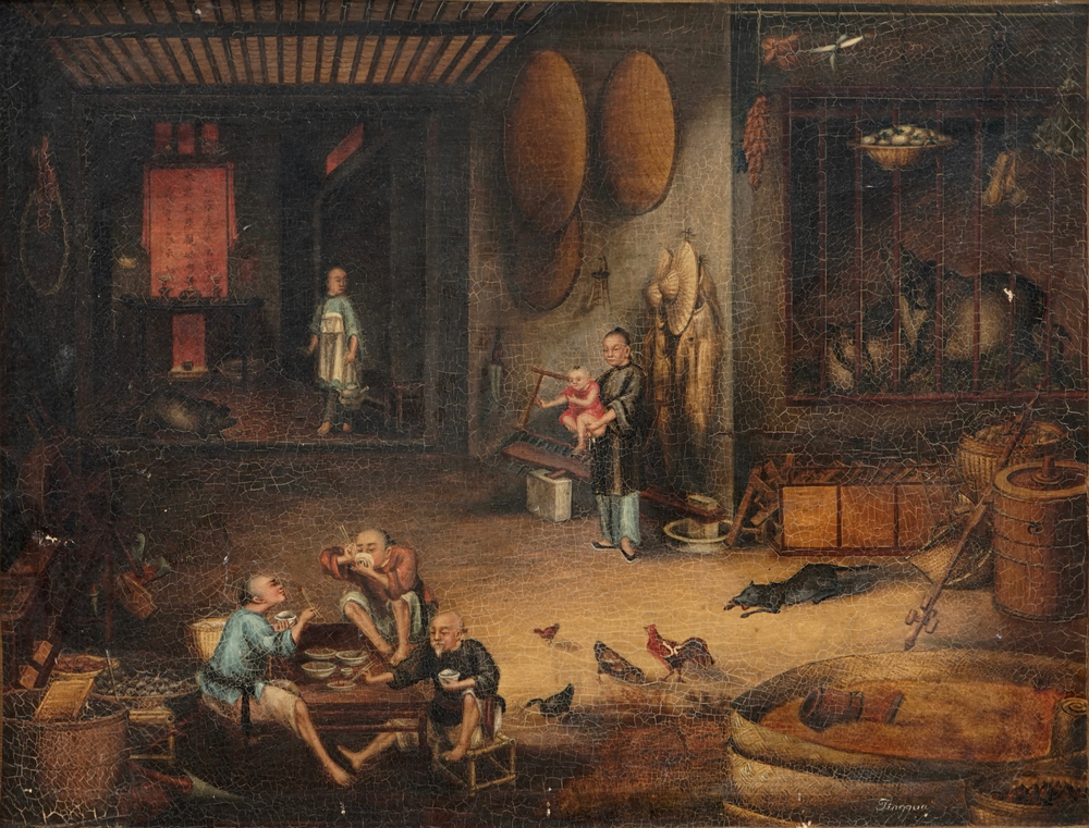 Tingqua (Canton, ca. 1809-1870): A tea scene in the stable, oil on canvas, signed l.r.