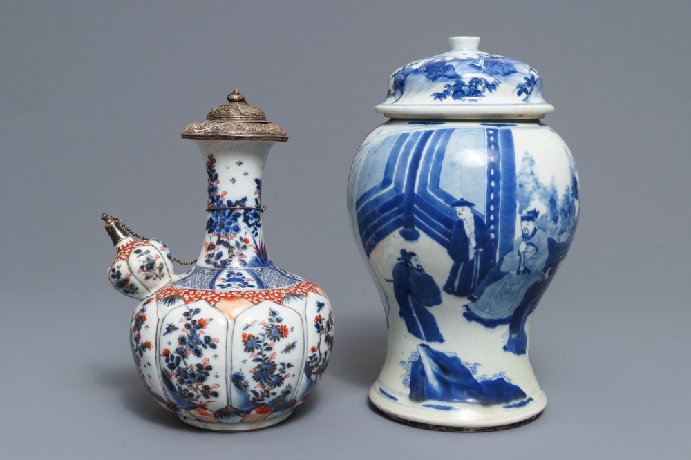 A Chinese blue and white covered vase and an Imari-style kendi, Kangxi