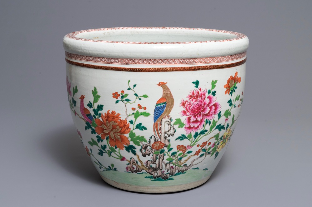 A Chinese famille rose fish bowl with birds among flowers, Qianlong