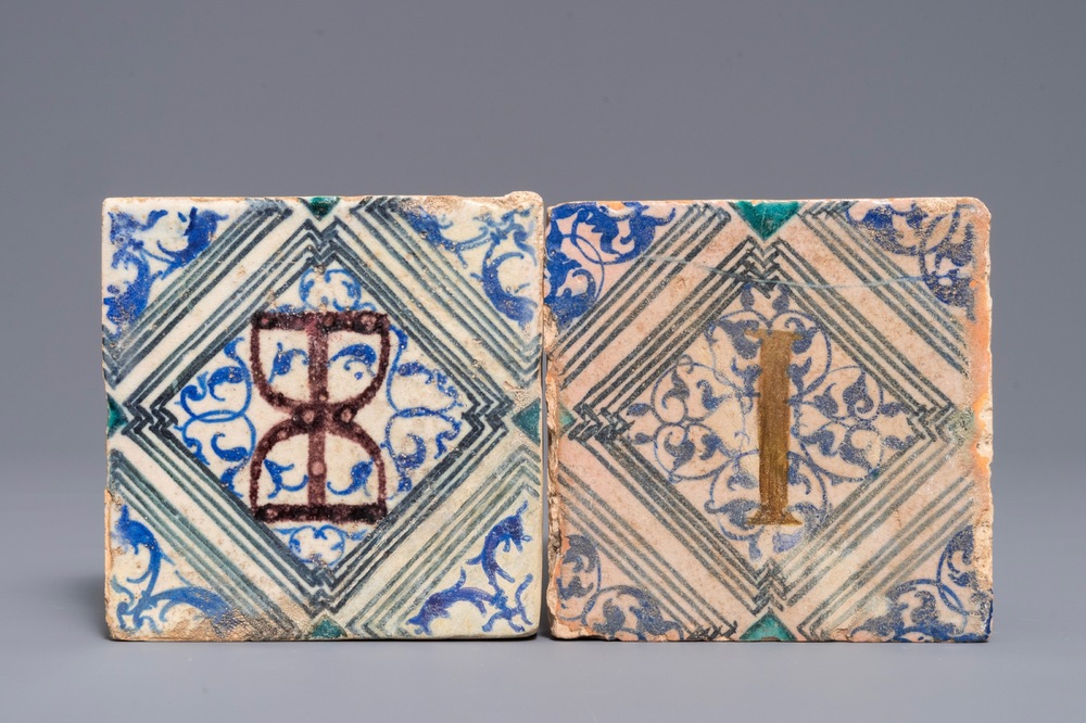 Two maiolica tiles from the castle of Oiron, France, 1545-1550