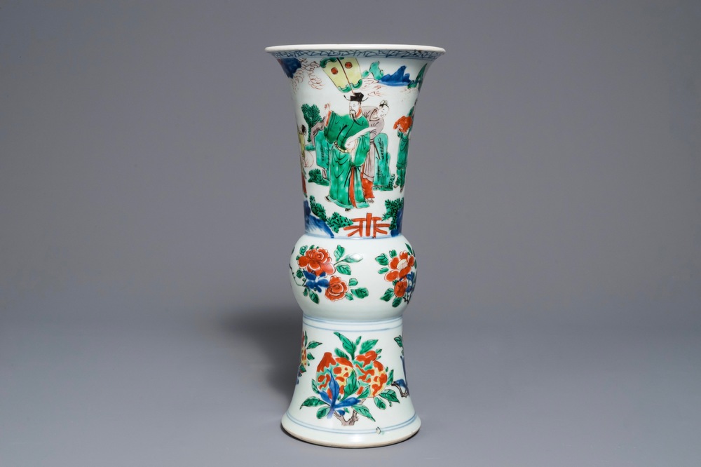 A Chinese wucai gu vase with figures, Shunzhi, Transitional period