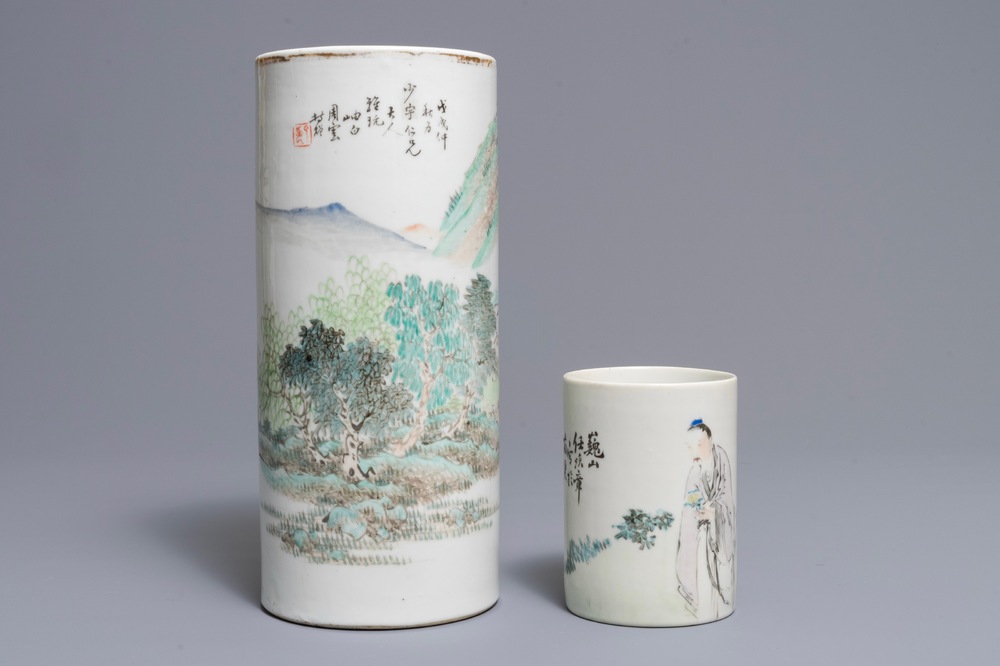 A Chinese qianjiang cai hat stand and a mug, signed Ren Huanzhang, 19th C.