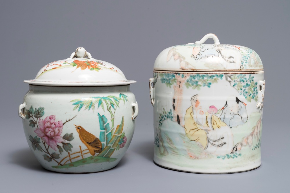 Deux bols couverts en porcelaine de Chine qianjiang cai et famille rose, 19/20&egrave;me