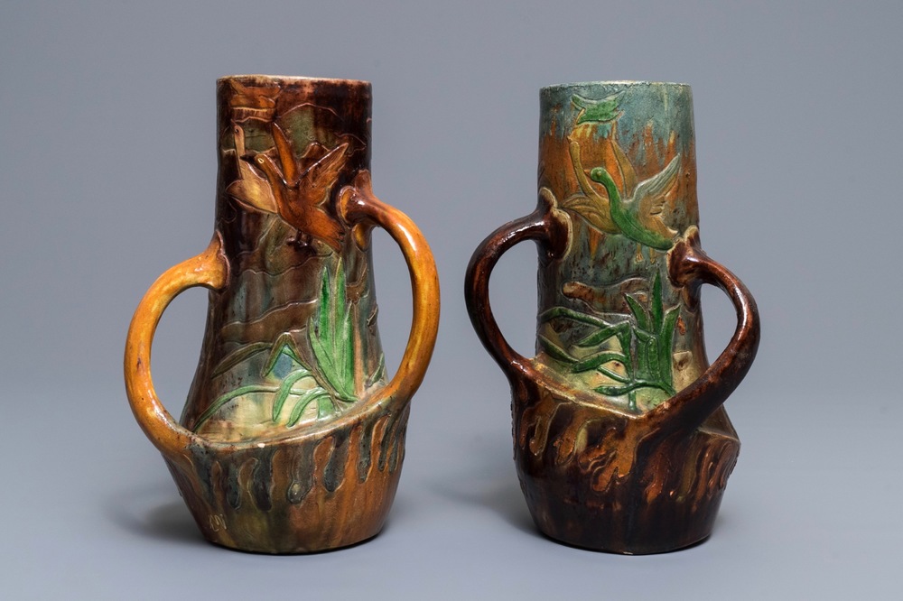 Two Flemish pottery Art Nouveau vases with ducks, Leo Maes Vereenoghe, Torhout, 1891-1909