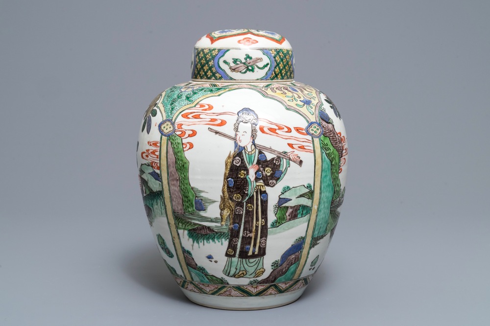 A Chinese famille verte Kangxi-style jar and cover, 19th C.