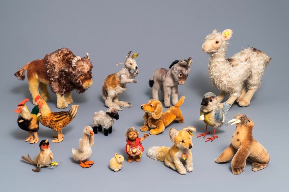 Een collectie Steiff pluche dieren, jaren '50 en later