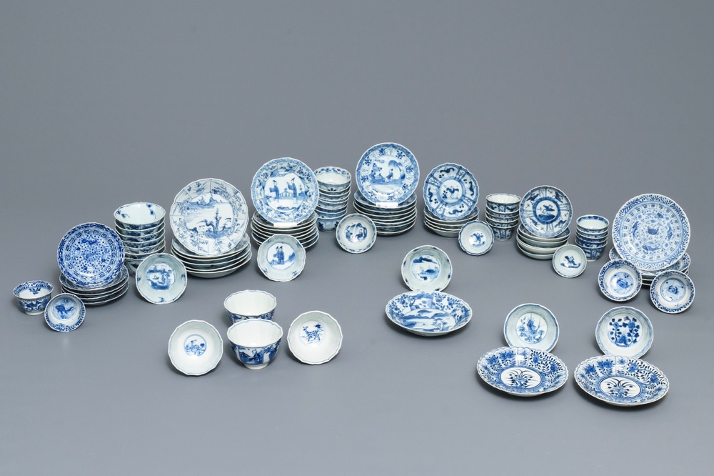 A large collection of Chinese blue and white cups and saucers, Kangxi and later