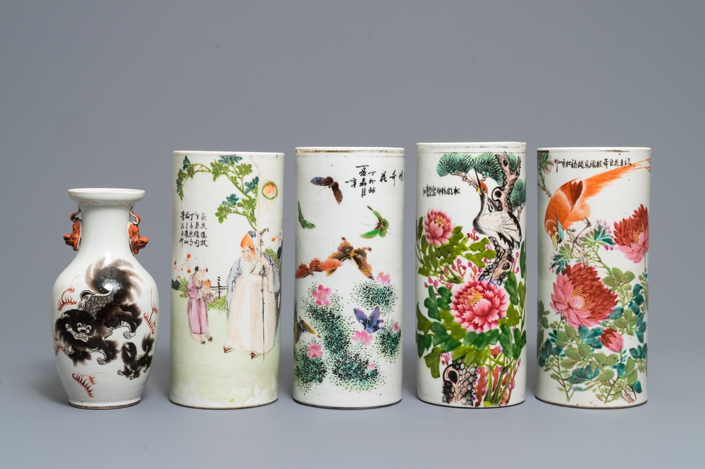 Four Chinese famille rose and qianjiang cai hat stands and a vase, 19/20th C.