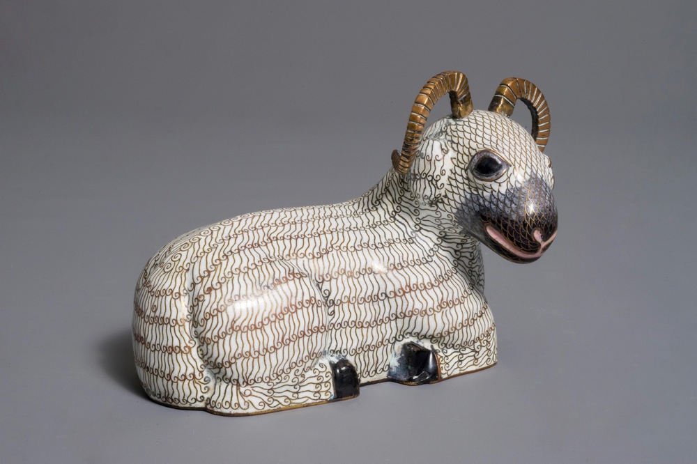 A Chinese cloisonn&eacute; and gilt bronze model of a ram, Qianlong