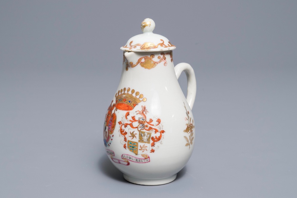 A Chinese famille rose Dutch market armorial milk jug, arms of De Riet and Bouillon accoll&eacute;, Qianlong