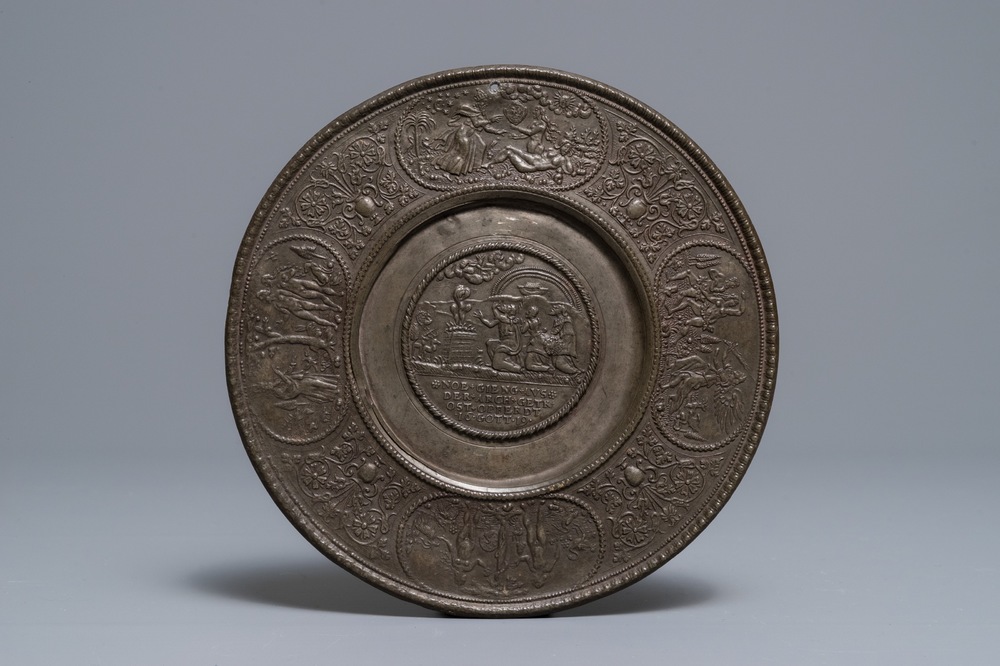 A small engraved pewter 'Noah' plate, Nuremberg, Germany, 17th C.