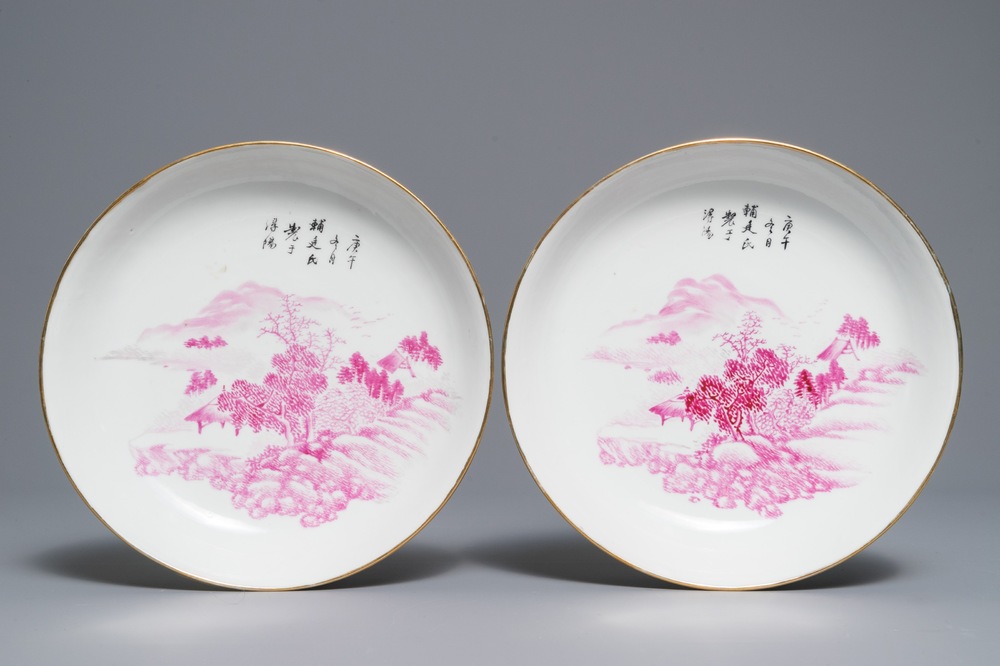 A pair of Chinese qianjiang cai puce-decorated plates, Republic, 20th C.