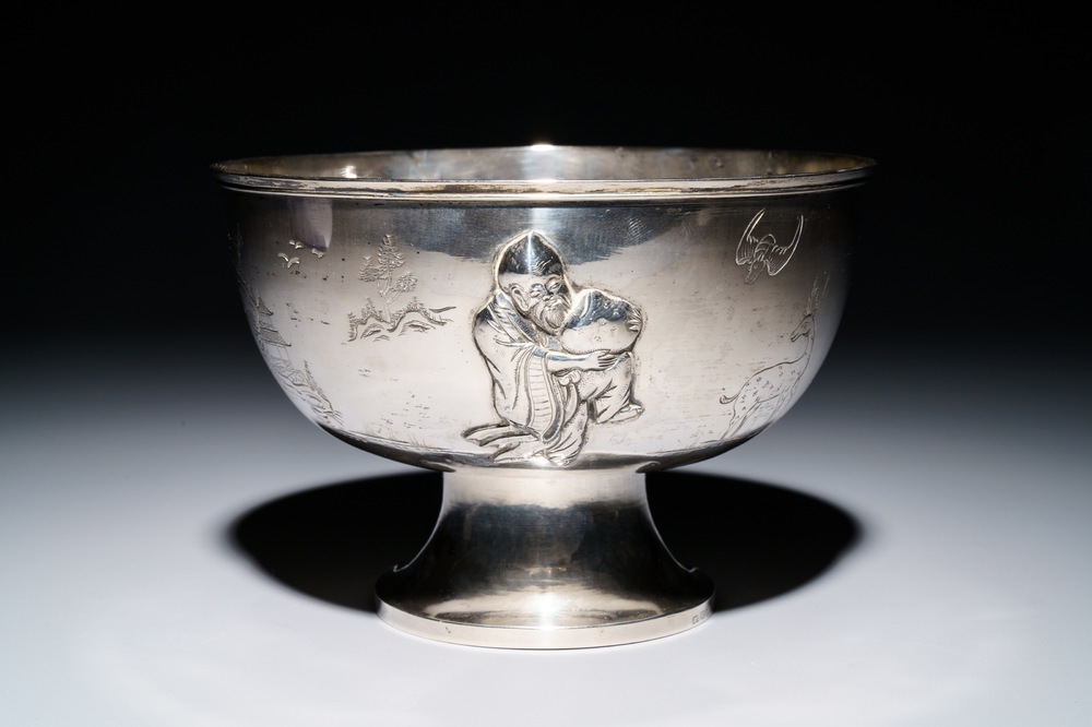 A Chinese silver 'Shou Lao' stem bowl, 19/20th C.