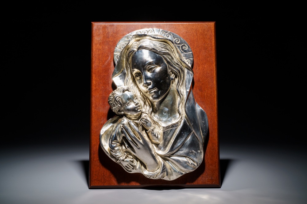 A Russian silver relief icon: Theotokos of Vladimir, 19th C.