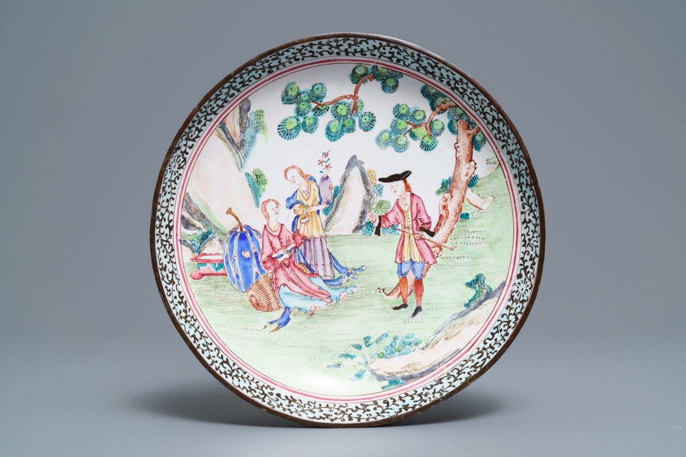 A Chinese Canton enamel &lsquo;European subject&rsquo; plate, Qianlong