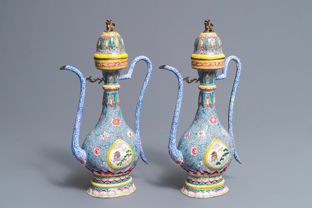 A pair of Chinese Islamic market Canton enamel ewers and covers, Qianlong/Jiaqing