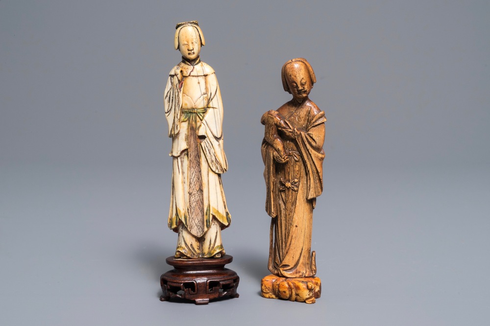 Two Chinese carved ivory figures of court ladies, Ming