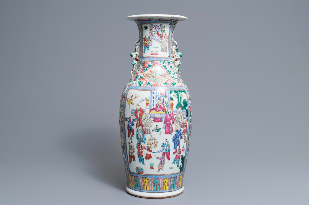 A Chinese famille rose vase with figures in a garden, 19th C.