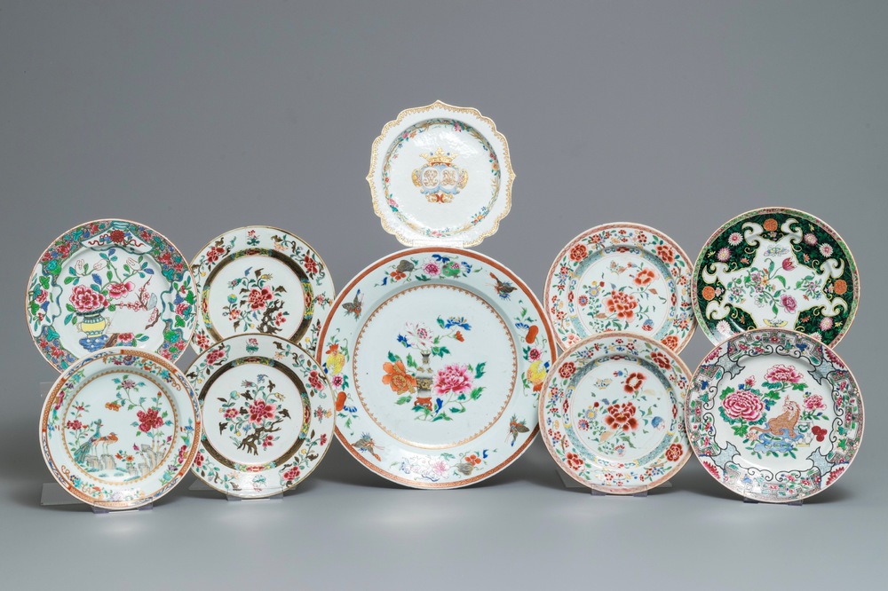 Dix plats en porcelaine de Chine famille rose, Yongzheng et apr&egrave;s