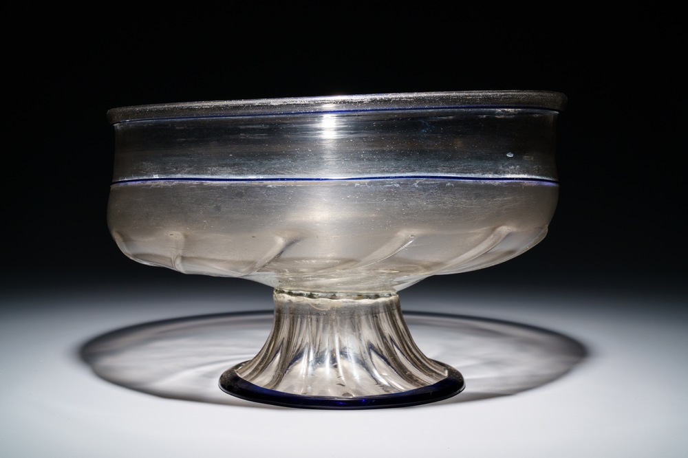 A large Venetian footed glass bowl with applied blue bands, Italy, 15/16th C.