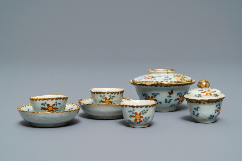 A collection of polychrome Dutch Delft miniature tea wares, 18th C.