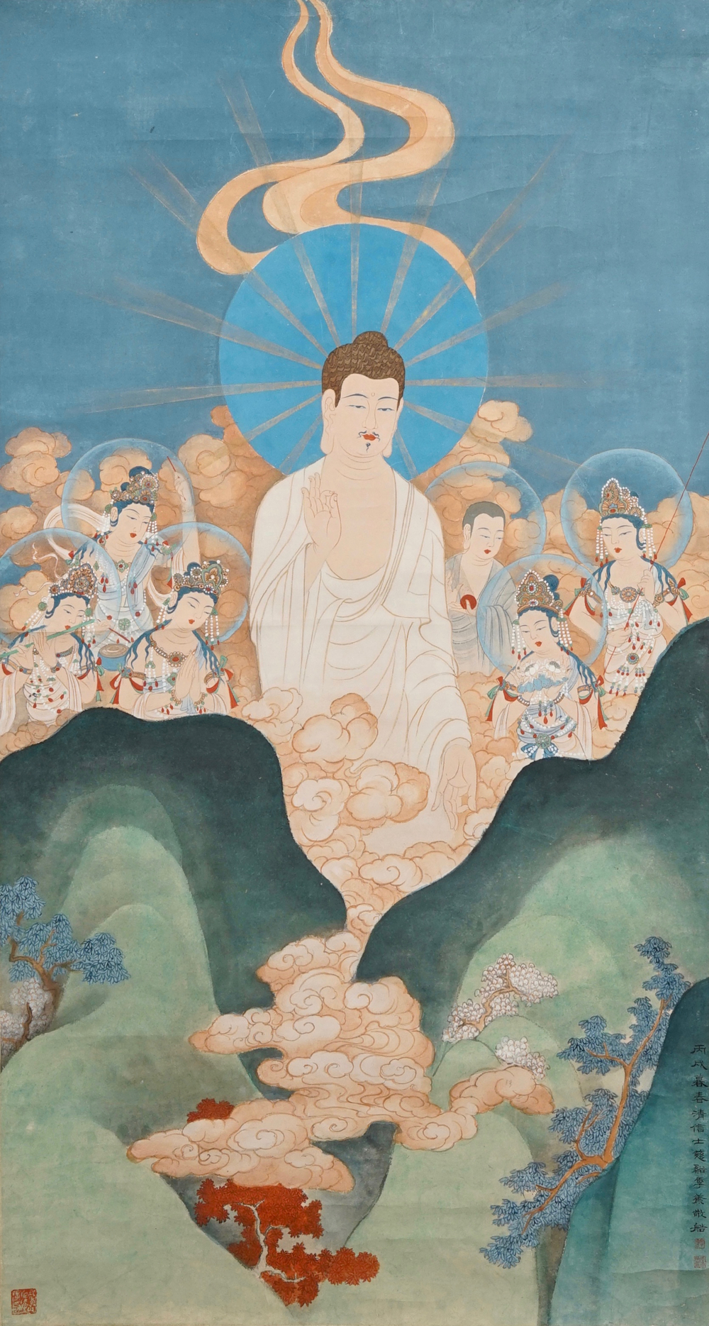 Ji Kang (1911-2007): Guanyin omgeven door beschermgoden, aquarel en inkt op papier, 20e eeuw