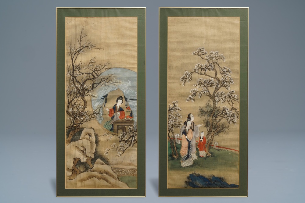 Ecole chinoise: Deux paysages aux femmes et pivoines, encre et couleur sur soie, 18/19&egrave;me