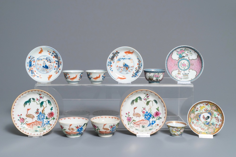 Six various Chinese famille rose and Imari-style cups and saucers, 18th C.