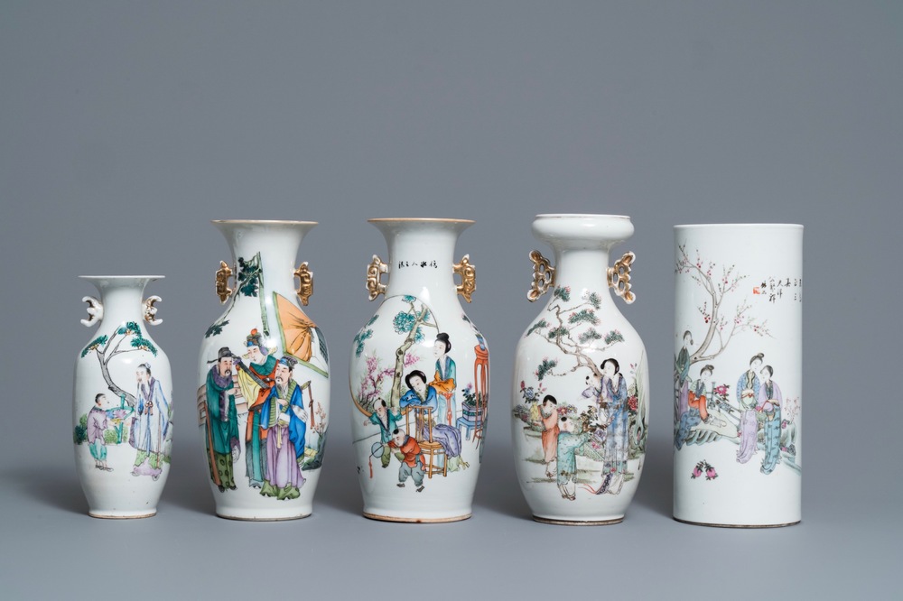 Five Chinese famille rose and qianjiang cai vases, 19/20th C.