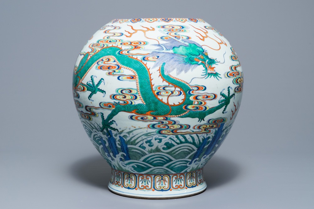 An exceptional Chinese imperial doucai 'dragon' vase, Qianlong seal mark and of the period