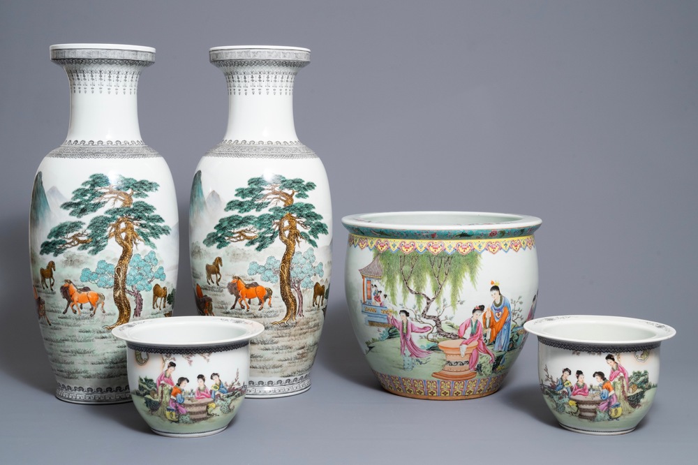 A pair of Chinese 'nine horses' vases and three famille rose jardini&egrave;res, Republic, 20th C.