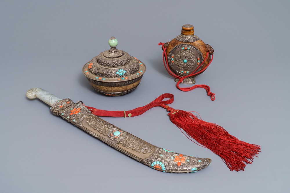 A Tibetan inlaid silver sword with jade hilt, a covered bowl and a flask, 19th C.