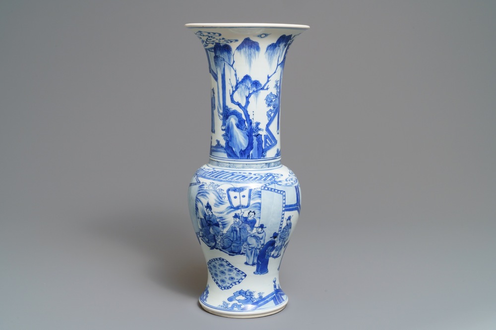 A Chinese blue and white yenyen vase with fine figurative design, Kangxi