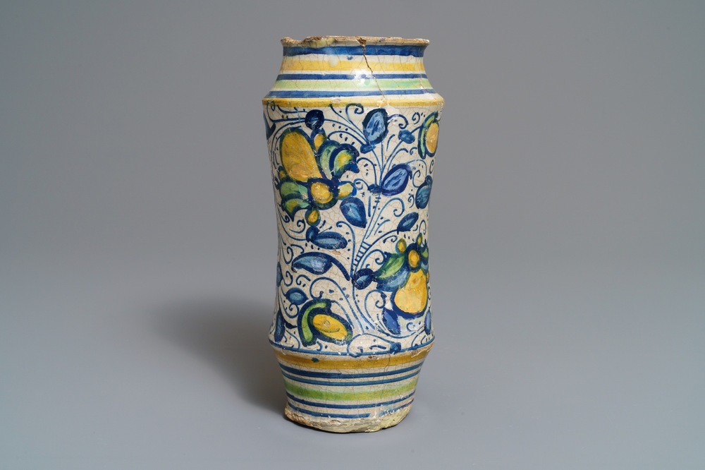 A polychrome 'a foglie' maiolica albarello, Lyon or Montpellier, France, 16th C.