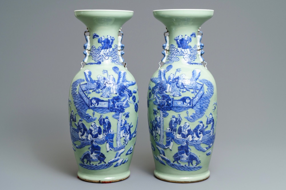 A pair of Chinese blue and white on celadon ground 'immortals' vases, 19th C.