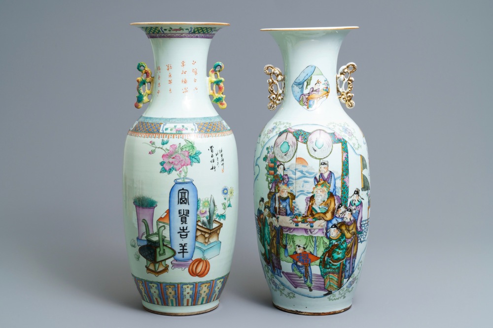 Two Chinese famille rose two-sided design vases, 19/20th C.