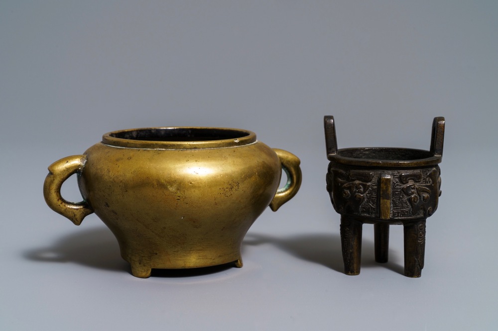 Two Chinese bronze tripod incense burners, 17/18th C.