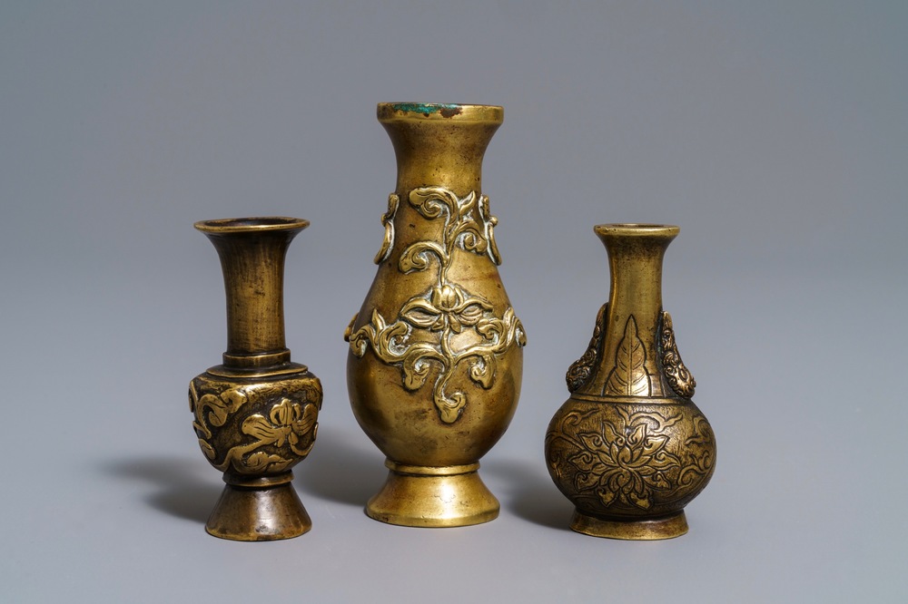 Three Chinese bronze miniature vases, 17/18th C.