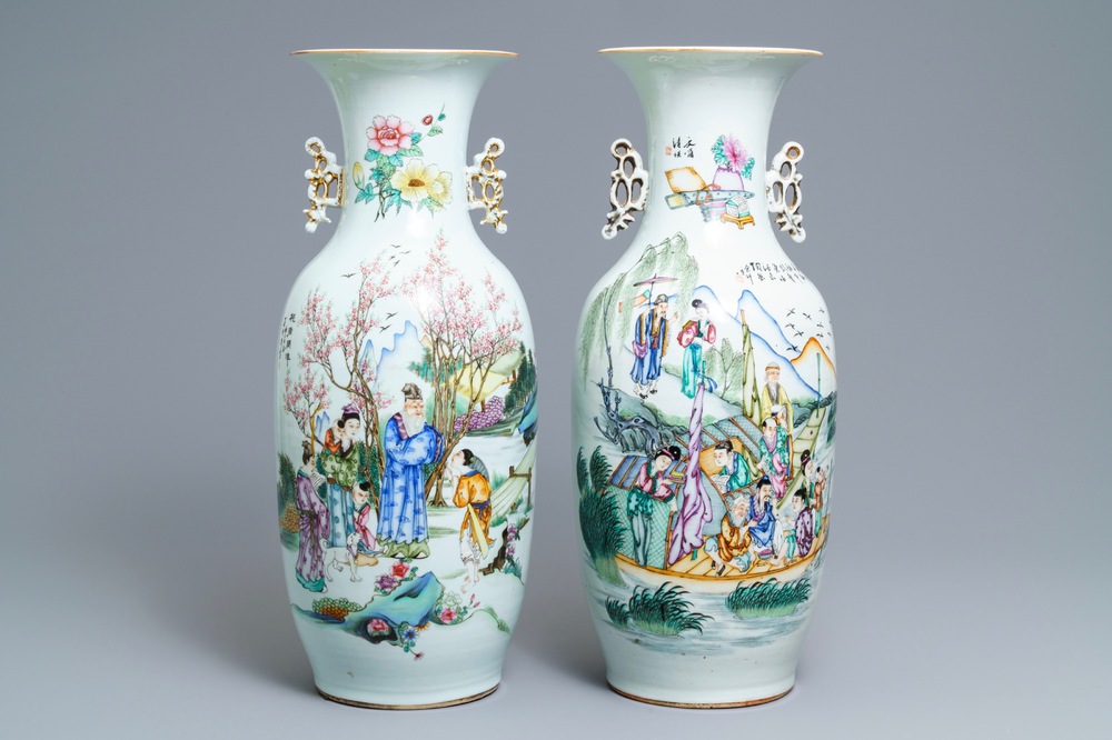 Two Chinese famille rose two-sided design vases, 19/20th C.