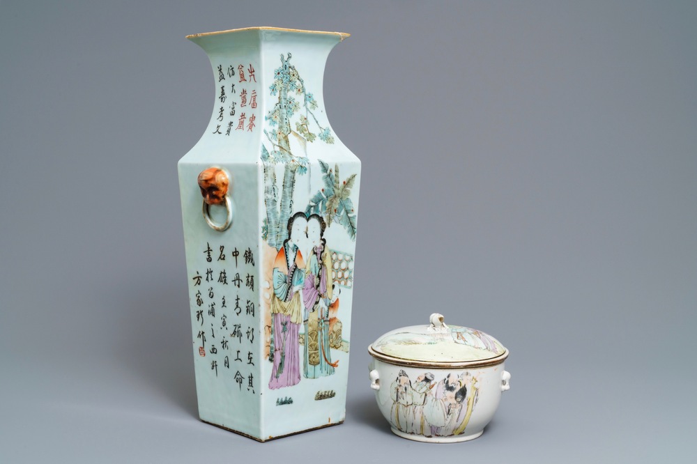 A square Chinese qianjiang cai vase and a tureen and cover, 19/20th C.