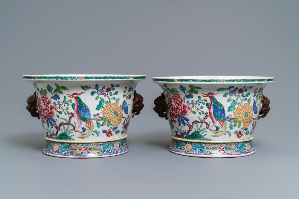 A pair of famille rose-style jardini&egrave;res with birds among flowers, Samson, Paris, 19th C.