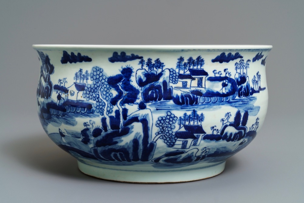 A Chinese blue and white 'river landscape' censer, 19th C.