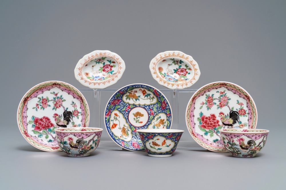 Three Chinese famille rose cups and saucers and a pair of salts, Qianlong and later